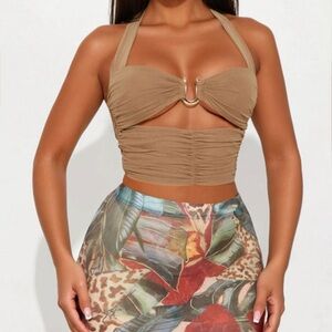 Mocha Ruched Halter Cutout Crop Top